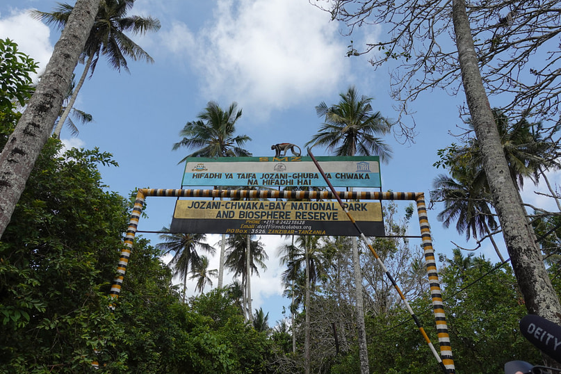 Jozani Forest Eingang Schild Affe